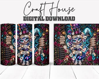 Cheshire Cat Tumbler Wrap PNG for 20oz and 30oz Skinny Tumblers, Wonderland Fantasy Design