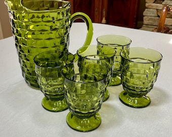 MCM Colony Whitehall Cubist Avocado Green Pitcher and 5 Footed Tumbler Glasses