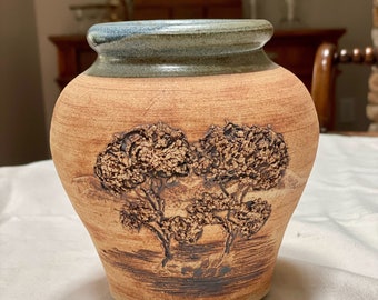 Vase Pot Clay Pottery by Signed Artist from Australia with Carved Nature Tree Theme