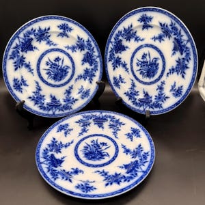 May include: Three white porcelain plates with blue floral designs. Each plate features a central floral motif surrounded by a ring of flowers and foliage. The plates are displayed on black stands against a dark background.