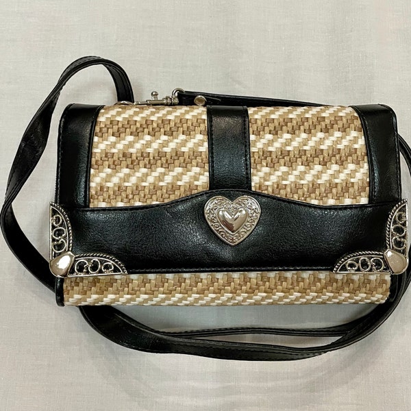 Purse w/Silver Tone Heart Motif Shoulder Strap & Long Trifold Wallet and Pockets