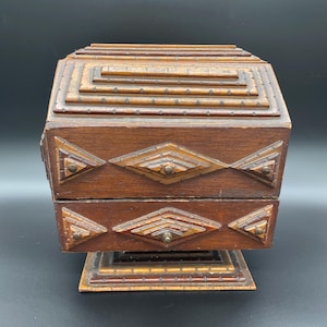 Antique Handmade Tramp Folk Art Storage Jewelry or Sewing Box Signed by Artist