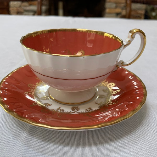 Vintage Aynsley Bone China Teacup and Saucer Orange and Gold Trim Rose Bouquet