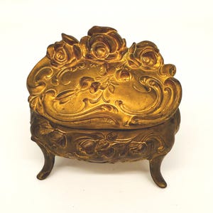 Antique Art Nouveau Jewelry Casket Box: Ornate Gold Gilt Metal Rose Floral Trinket Box