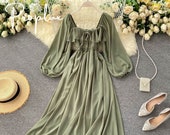 Cottagecore Dress, Autumn Milkmaid Daisy Sage Dress, Women Wedding Guest Dress, Vintage Fairy Romantic Y2K Prom Dress, Renaissance dress