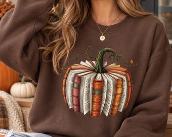 Fall Book Pumpkin Sweatshirt: Pumkin Book Hoodie for Halloween Teacher, Book Lover Sweater