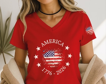 250th Anniversary VNeck Shirt, Patriotic USA Flag on Sleeve V Neck Tee, America 4th of July Independence Day Gift