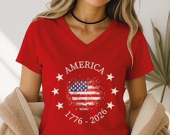 250th Anniversary VNeck Shirt, Patriotic USA Flag V-Neck Tee, America 4th of July Independence Day Gift