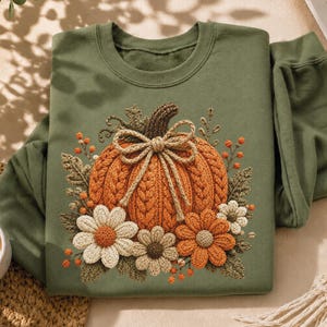 May include: An olive green crewneck sweatshirt featuring a central graphic of a textured, cable-knit orange pumpkin adorned with a tan twine bow, surrounded by crocheted-style white and orange flowers, green leaves, and small orange berries.
