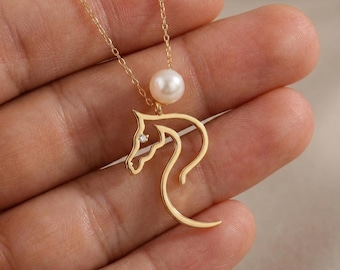 Gold Horse Necklace with Pearl: Chinese New Year Necklace, Year Of The Horse Necklace, Chinese Zodiac Horse Charm, Horse Pendant