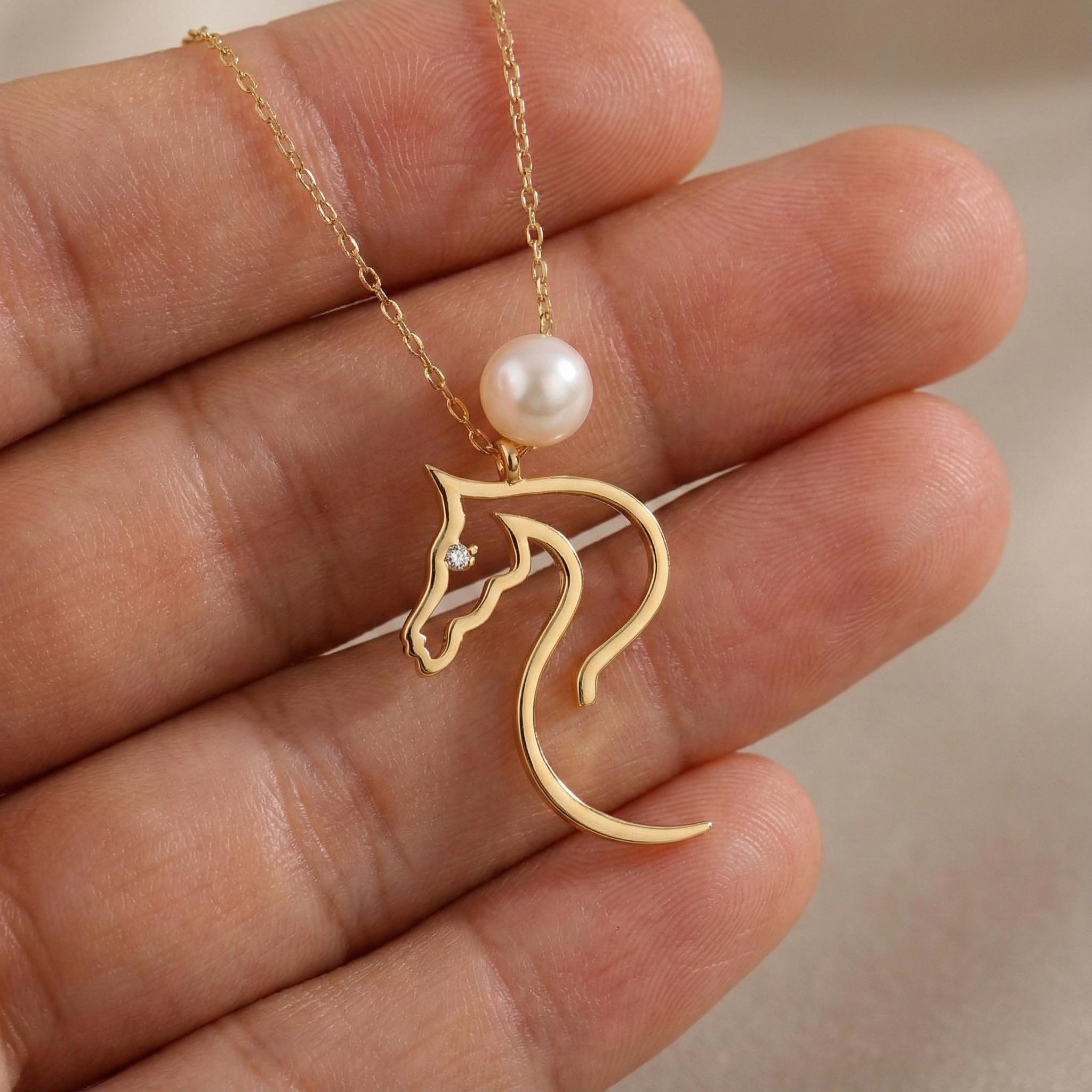 アクセサリー K18 YG ILLUSION GLASS PENDANT HORSE. Gold Horse Necklace With Pearl: Chinese New Year Necklace, Year of