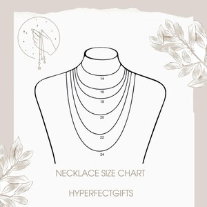 The image is a necklace size chart for necklaces, with a hand holding a necklace and a plant with leaves on either side.