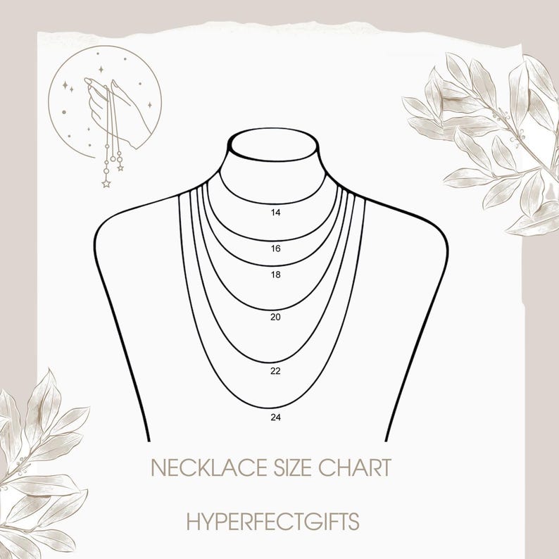 The image is a necklace size chart for necklaces, with a hand holding a necklace and a plant with leaves on either side.