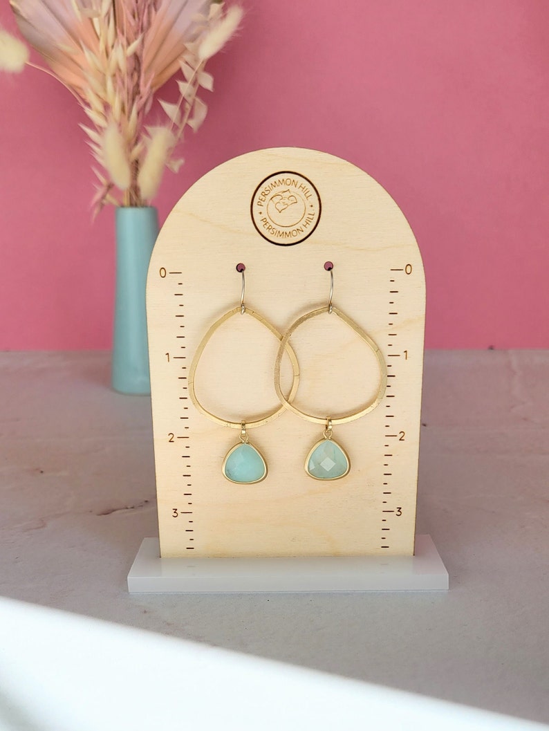 Custom Logo Engraved Boho Arch Wooden Earring Display Stand with Measurements image 3