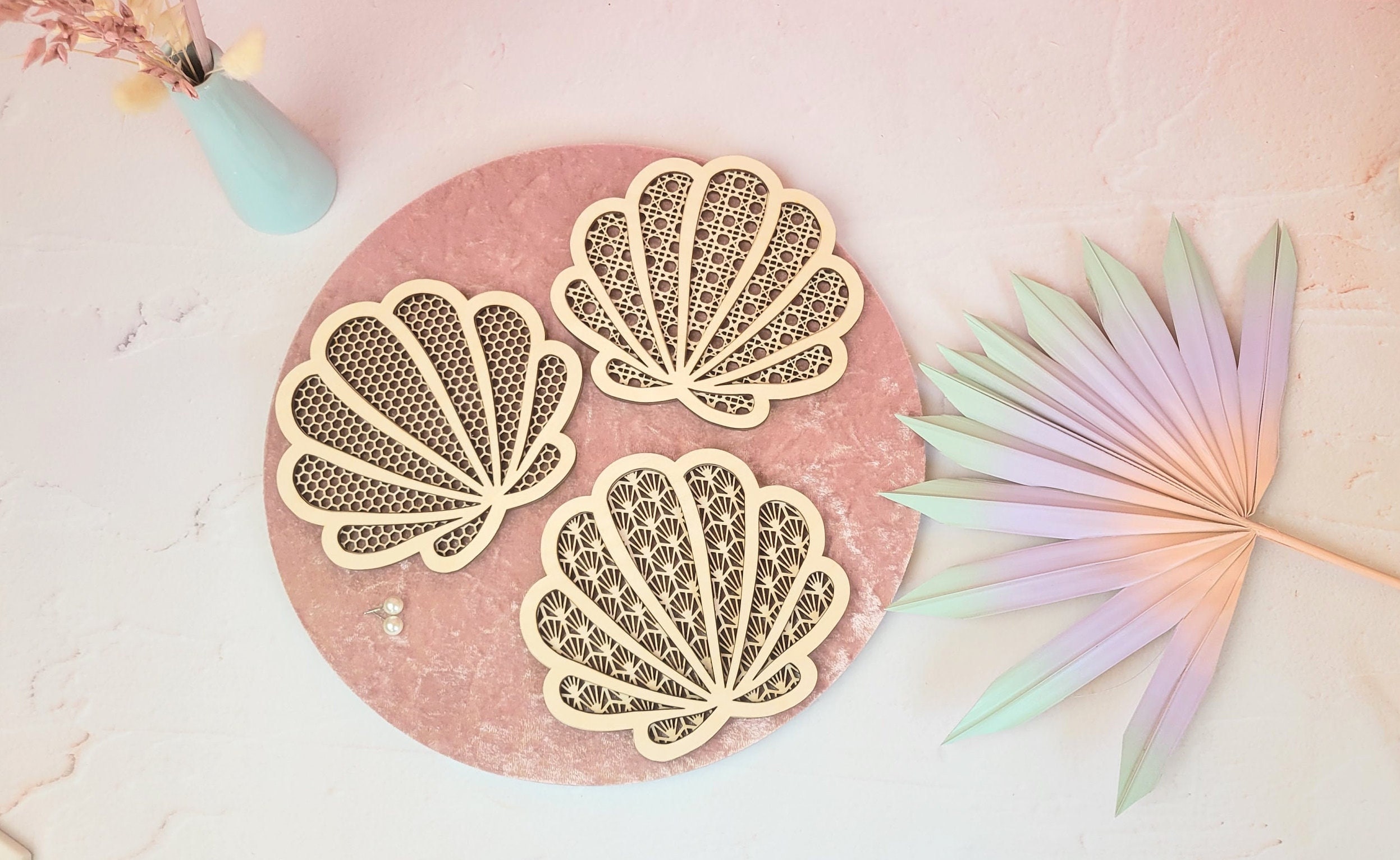 Boho Seashell Wooden Decor | Faux Rattan, Art Deco Tile, Honeycomb Mesh ...