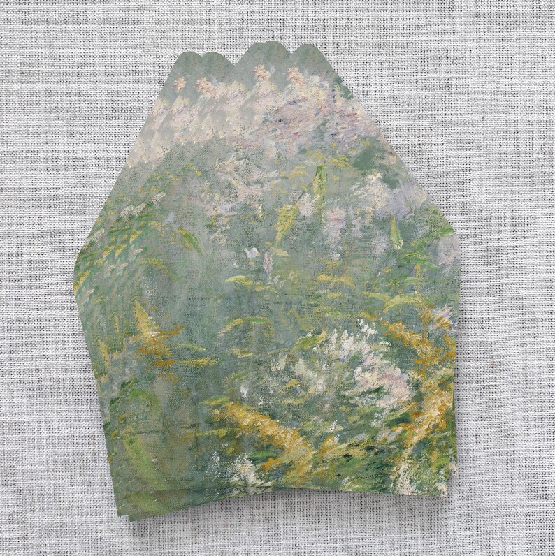 May include: A stack of three decorative paper cards with a scalloped edge. The cards feature a soft, impressionistic painting of a garden scene with green, yellow, and white brushstrokes. The artwork evokes a sense of nature and tranquility.