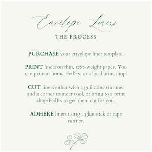 May include: A green and white graphic with the text "Envelope Liners" and "THE PROCESS" in a cursive font. The graphic outlines the steps to create envelope liners: purchase, print, cut, and adhere.