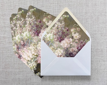 Fine Art Envelope Liner for Wedding Invitations, Printed A7 Euroflap, Dusty Purple Mauve Floral, Impressionist Painting, Set of 25