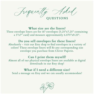 May include: A light green background with the text "Frequently Asked Questions" in a decorative font. The text answers questions about envelope liners, including sizes (5.25"x7.25" and 6.875"x9.25") and availability.
