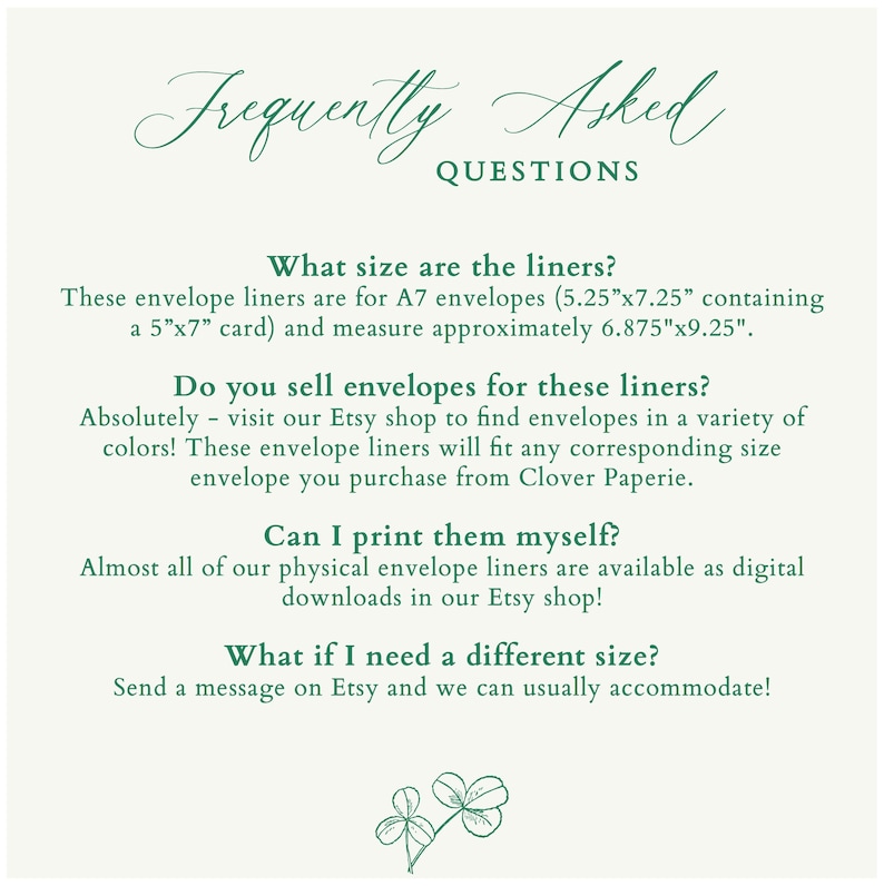 May include: A light green background with the text "Frequently Asked Questions" in a decorative font. The text answers questions about envelope liners, including sizes (5.25"x7.25" and 6.875"x9.25") and availability.