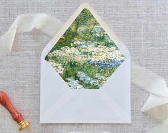 Fine Art Envelope Liner DIGITAL Template, Wedding Invitation Download, DIY A7 Envelope Liner, Blue Wildflower Field, Vintage Painting