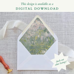 May include: A white envelope with a floral design inside, featuring a watercolor painting of a garden. The text "This design is available as a DIGITAL DOWNLOAD" is at the top. A star-shaped graphic says "check out other listings!"