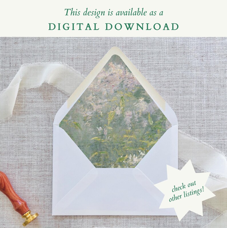 May include: A white envelope with a floral design inside, featuring a watercolor painting of a garden. The text "This design is available as a DIGITAL DOWNLOAD" is at the top. A star-shaped graphic says "check out other listings!"