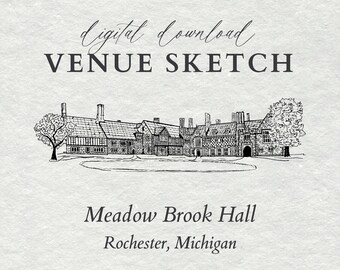 Meadow Brook Hall, Custom Wedding Venue Illustration for Invitations, Line Drawing Downloadable PNG Sketch Artwork