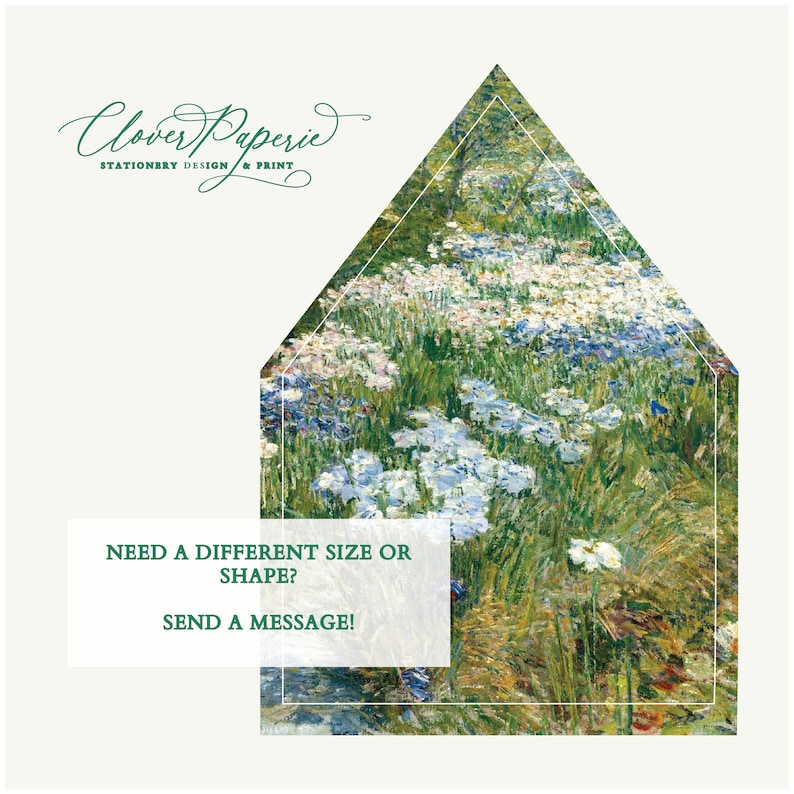 May include: A white envelope with a green floral design. The envelope has a house shape and the text "Clover Paperie Stationery Design & Print" and "Need a different size or shape? Send a message!"