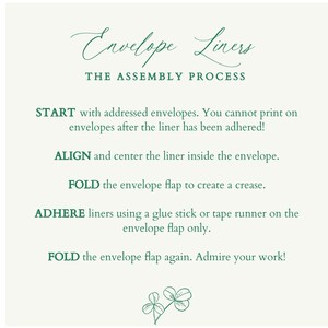 May include: A light green graphic with instructions for assembling envelope liners. The text reads "Envelope Liners" and "The Assembly Process". Steps include aligning, folding, and adhering liners. A small clover graphic is at the bottom.