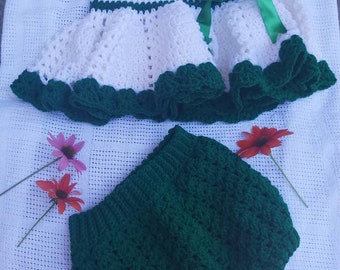 Baby Girl Crochet Dress and Diaper Cover green and white dress with bow