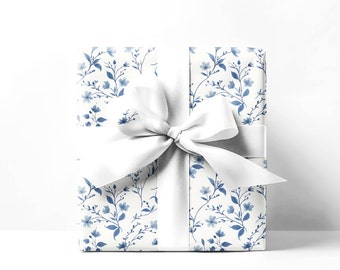 Elegante rotolo di carta da regalo vintage floreale blu, carta da regalo per le vacanze, carta da regalo elegante, fogli di carta regalo per il giorno di Natale