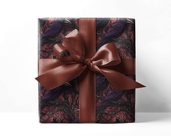 Rouleau de papier cadeau corbeaux bourgogne, papier cadeau gothique, papier cadeau, papier cadeau
