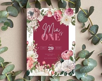 Blush Pink Floral Animated Birthday Invitation Editable Template Picture, INSTANT DOWNLOAD Printable First 1st Birthday Invite Canva #AB0001