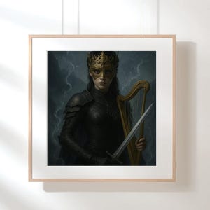 May include: A framed artwork depicts a figure in dark armor, wearing a gold mask and crown. The figure holds a sword and a golden harp against a stormy, dark background. The artwork is in a wooden frame.