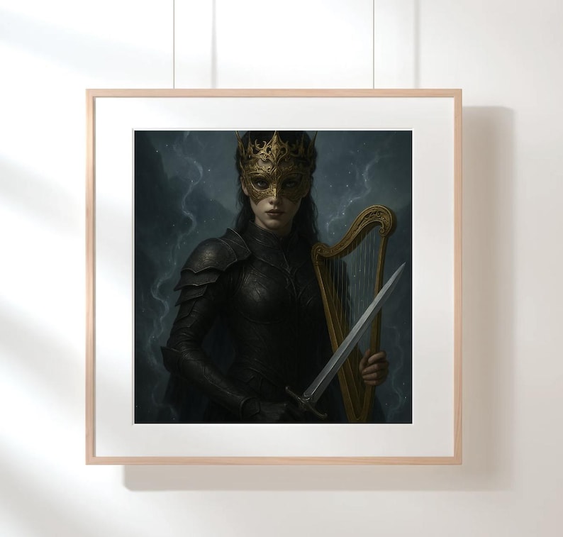 May include: A framed artwork depicts a figure in dark armor, wearing a gold mask and crown. The figure holds a sword and a golden harp against a stormy, dark background. The artwork is in a wooden frame.