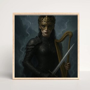 May include: A framed print featuring a woman in black armor, a gold mask, and a crown. She holds a golden harp and a silver sword. The background is a dark, stormy scene with a hint of lightning.