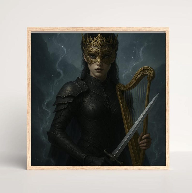 May include: A framed print featuring a woman in black armor, a gold mask, and a crown. She holds a golden harp and a silver sword. The background is a dark, stormy scene with a hint of lightning.