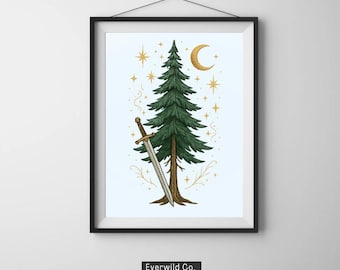 Throne of Glass Sword & Pine Tree Printable | Fantasy Nature Wall Art | Digital Download