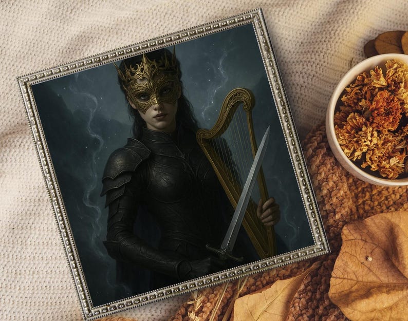 May include: Framed artwork featuring a woman in a gold mask and crown, holding a harp and sword. She wears black armor against a dark, stormy background. The artwork is in a silver frame, with a bowl of dried flowers and a leaf in the background.