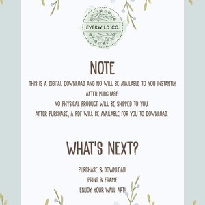 May include: A digital download announcement with the text "NOTE" and "WHAT'S NEXT?" in a handwritten style font. The image features a floral design with a light blue background and the Everwild Co. logo. The text explains the digital download process.