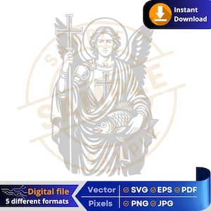 Puede incluir: Ilustración detallada de un ángel sosteniendo una cruz y un pez. El ángel tiene alas y un halo. La imagen está en escala de grises. El texto incluye "Archivo digital" y "Descarga instantánea". La imagen está disponible en varios formatos.