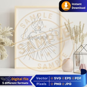 Doodle imprimable Sacré-Cœur de Jésus et Marie SVG & PNG | dessin au trait unique | Gravure laser DTF du Sacré-Cœur de Jésus et de Marie