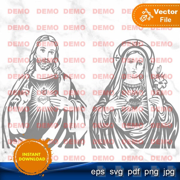 Sagrado Corazón de Jesus y Maria Imágenes Religiosas Vectoriales SVG PNG (combo)  para plotter, cut file, CNC cricut, silhouette