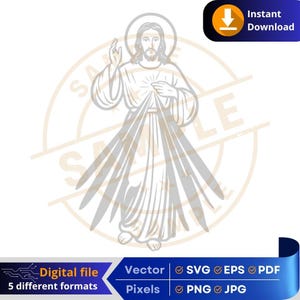 Può includere: Un file digitale con un'illustrazione a linea di una figura religiosa con un'aureola, che irradia luce. Disponibile nei formati SVG, EPS, PDF, PNG e JPG. Include il testo "Download istantaneo".
