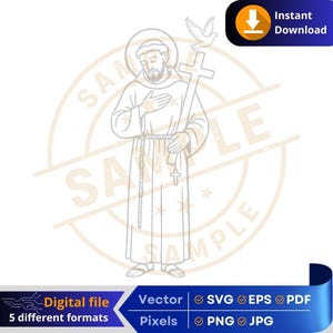 Könnte beinhalten: Eine Linienzeichnung des Heiligen Franziskus von Assisi, der ein Kreuz und eine Rosenkranz hält. Das Bild ist in hellgrauer Farbe und vor einem weißen Hintergrund.