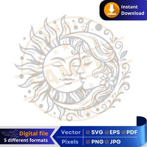 Puede incluir: Un archivo digital con un diseño celestial del sol y la luna abrazándose, con detalles florales. Disponible en formatos vectoriales SVG, EPS, PDF, así como PNG y JPG. El texto incluye "Archivo digital" y "Descarga instantánea".