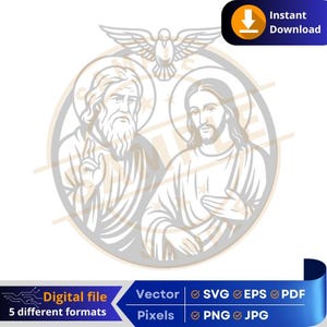 May include: A digital file graphic featuring a religious illustration of two figures with halos, and a dove above. The image includes the text "Instant Download" and "Digital file 5 different formats". The file formats include SVG, EPS, PDF, PNG, and JPG.