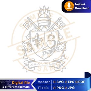 May include: A digital file graphic featuring a detailed crest with keys, a fleur-de-lis, a heart, and a book. The text "IN ILLO UNO UNUM" is displayed on a banner. The image also includes the text "Digital file" and "5 different formats".