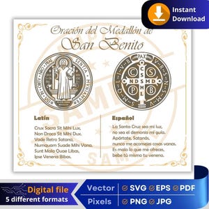 May include: Digital file featuring the Oración del Medallón de San Benito. The design includes two circular medallions with Latin and Spanish text. The file is available in 5 formats, including SVG, EPS, PDF, PNG, and JPG.